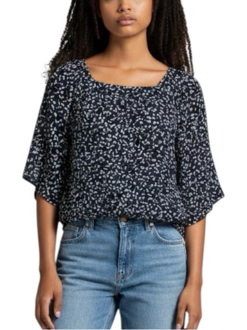 Style & Co. Floral Print Cotton Blouse Top XL Navy Blue